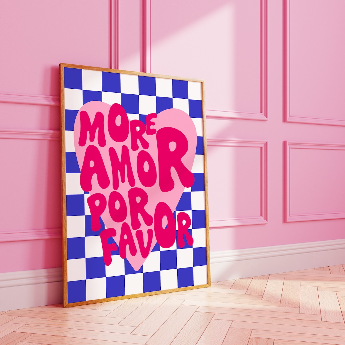More Amor Por Favor Pink Heart Checkerboard Typography Poster