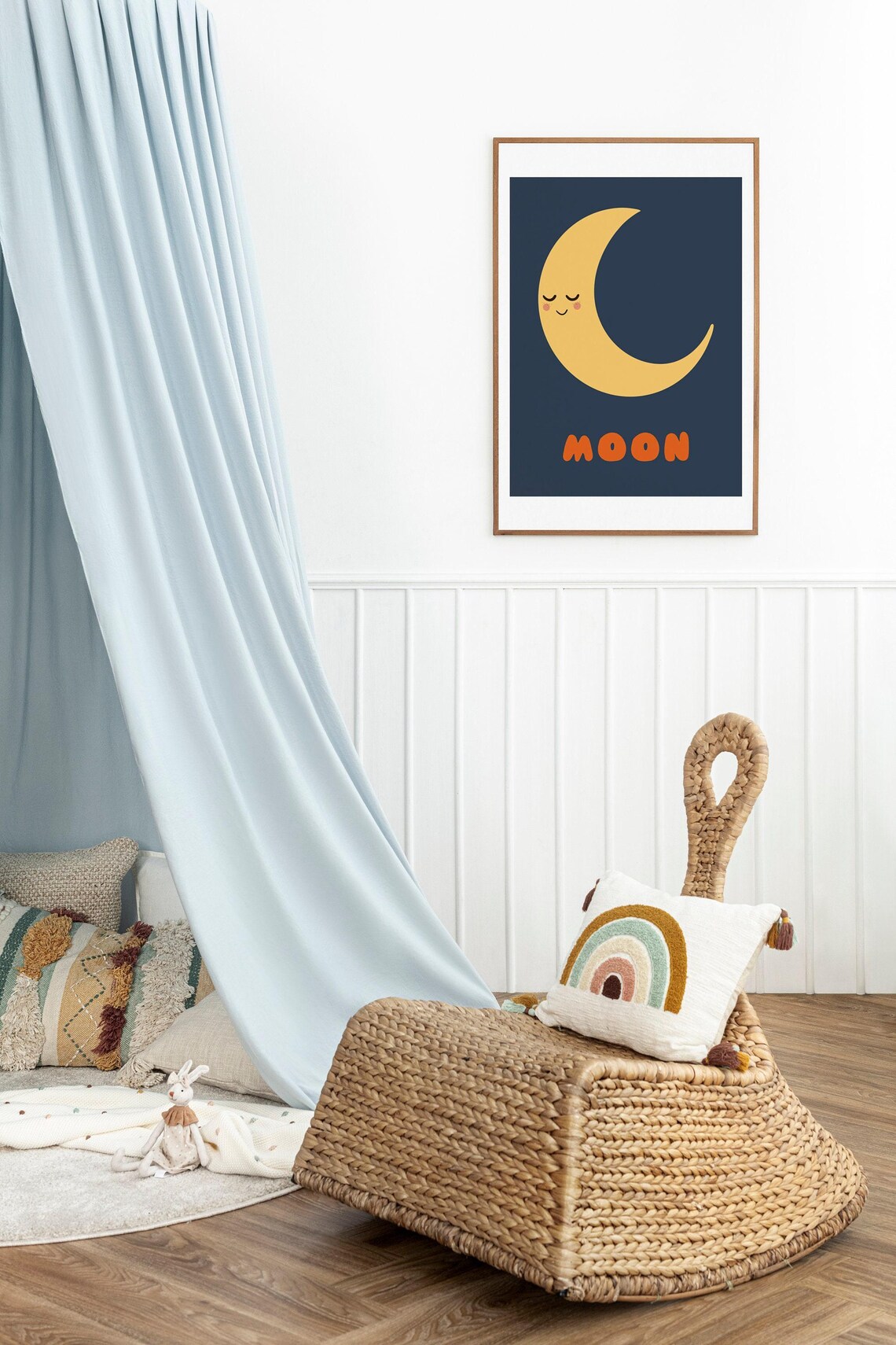 Smiling Crescent Moon Cute Navy Orange Kids Night Sky Poster - Image 3