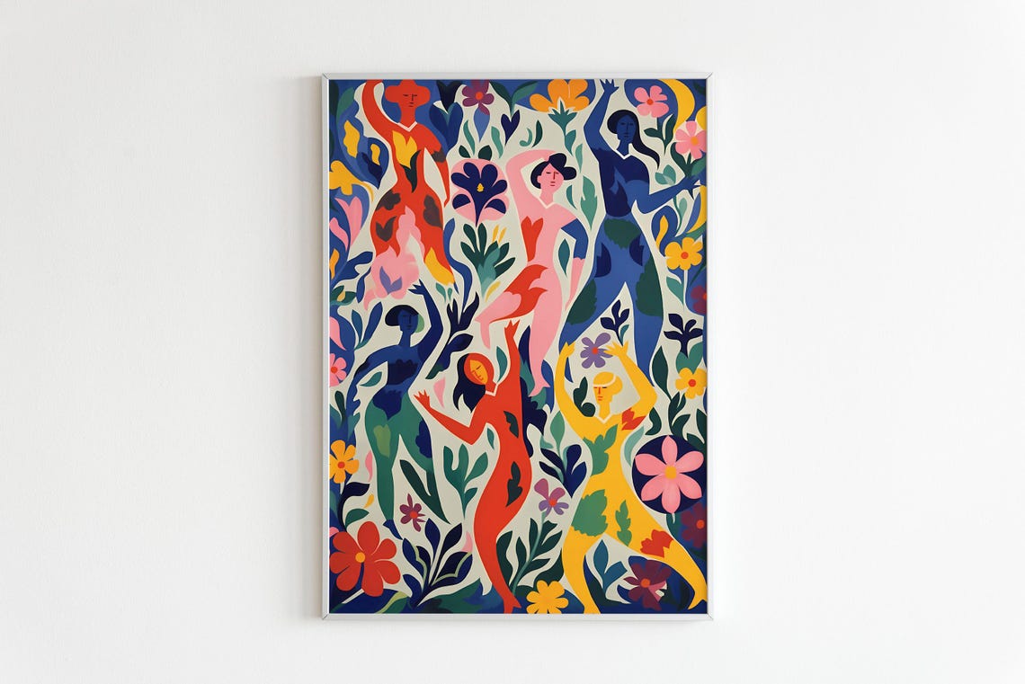 Colorful Abstract Dancing Figures Among Flowers Vibrant Art Poster - Image 3