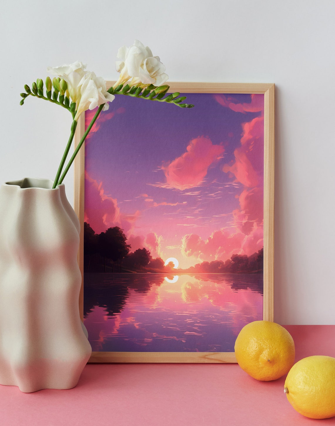Soft Pink Pastel Sunset Over Calm Lake Reflection Art Poster - Image 3