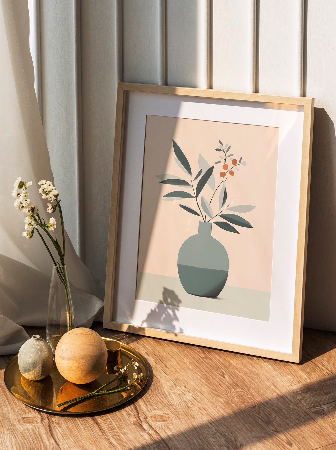Sage Blue Vase Botanical Leaves Orange Berries Minimal Poster - Image 2