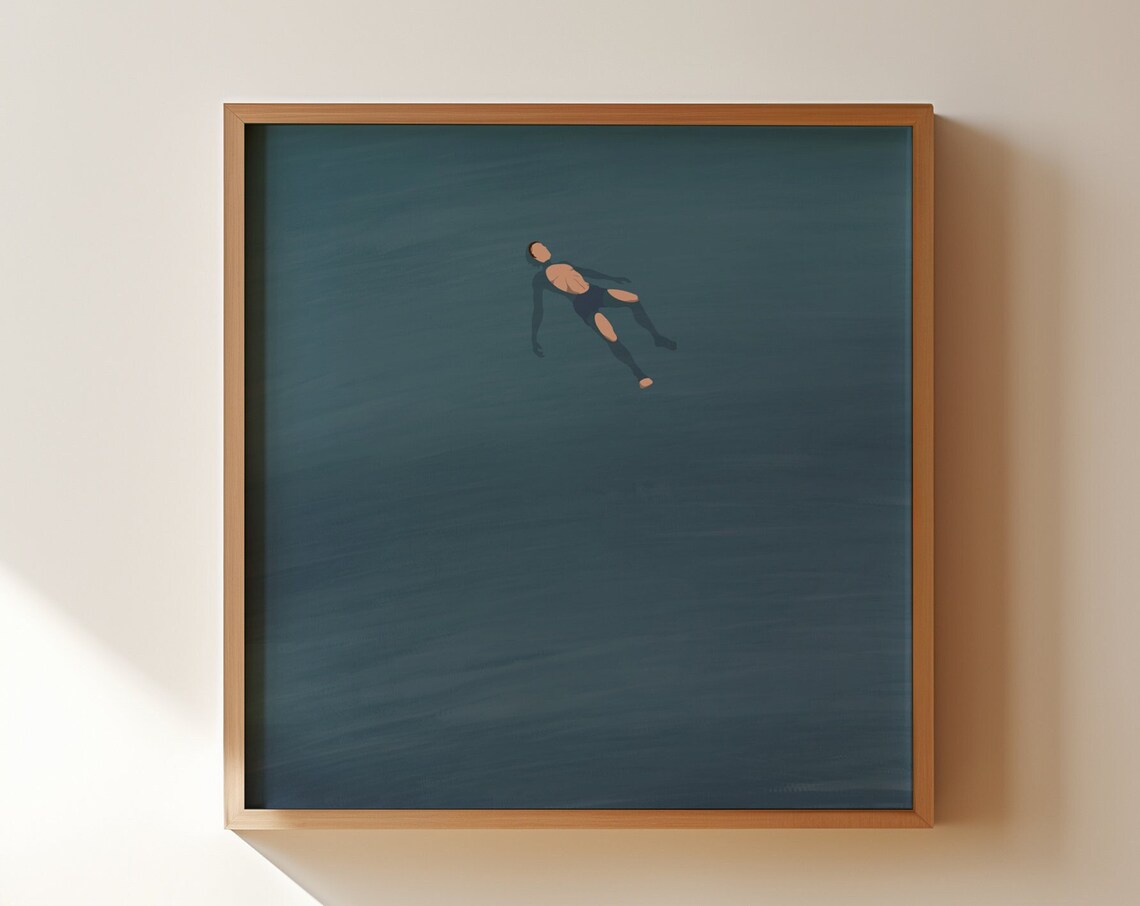 Man Floating Alone in Dark Teal Water Moody Minimalist Summer Poster - Image 3