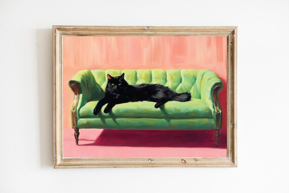 Sassy Black Cat Lounging on Green Velvet Sofa Funny Animal Poster
