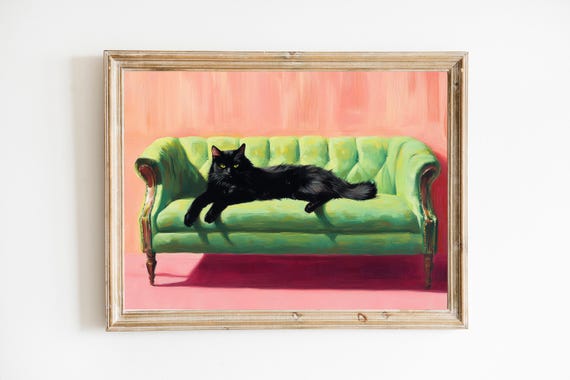 Sassy Black Cat On Green Sofa Cute Quirky Whimsical Cocktail Art Bar Cart Decor Fine Print Gift Trendy Home Wall