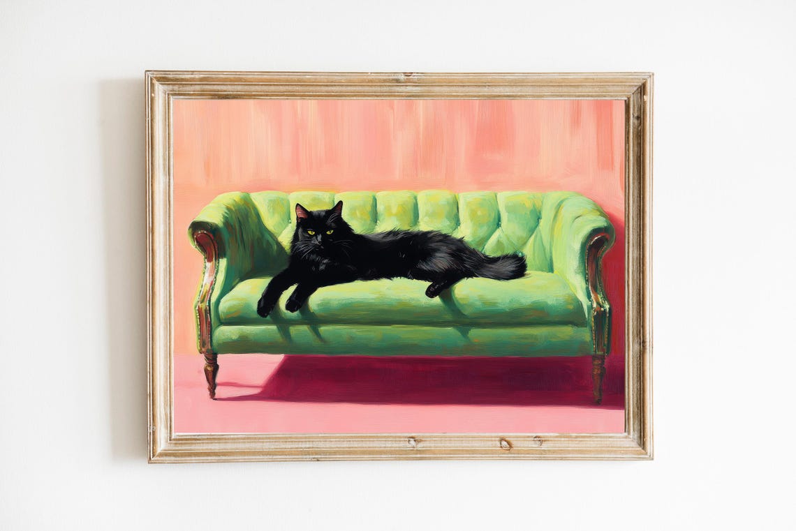 Sassy Black Cat Lounging on Green Velvet Sofa Funny Animal Poster