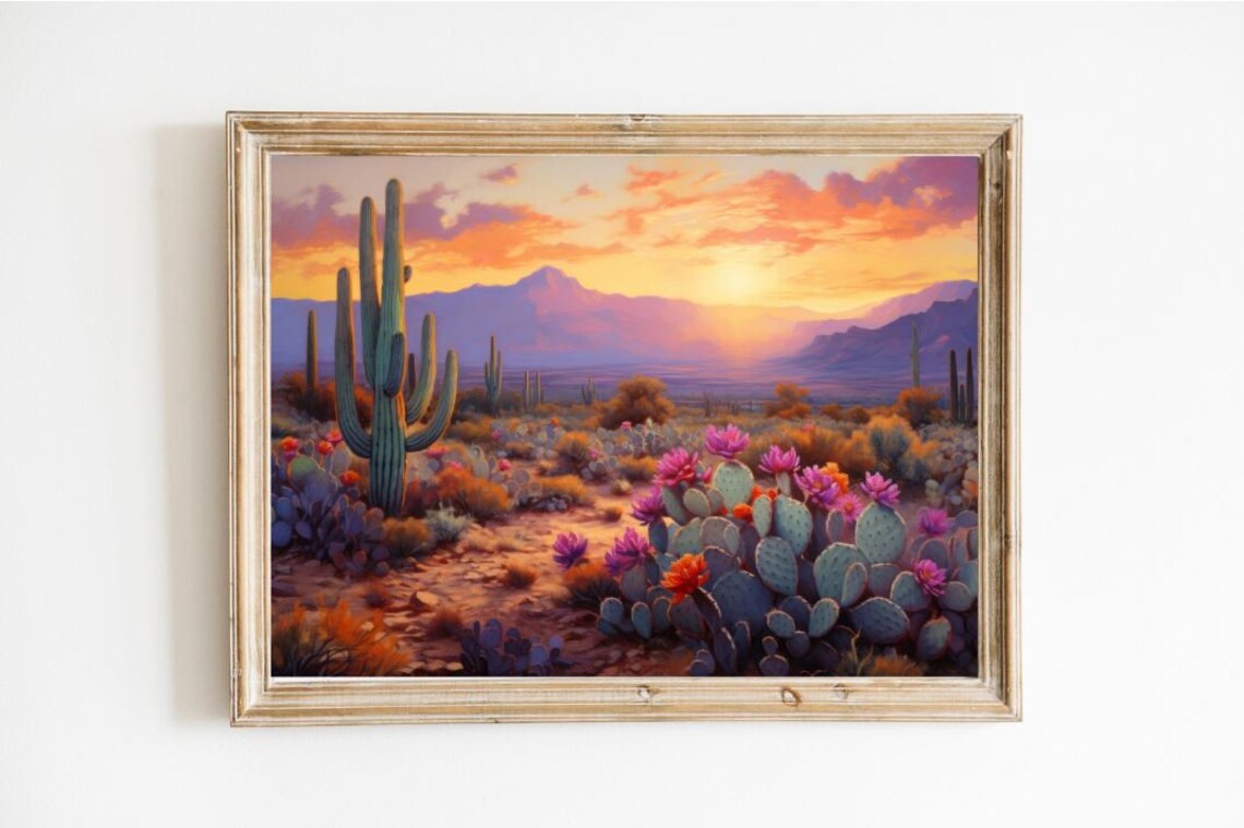 Western Desert Sunset Saguaro Cactus Vintage Oil Painting Poster