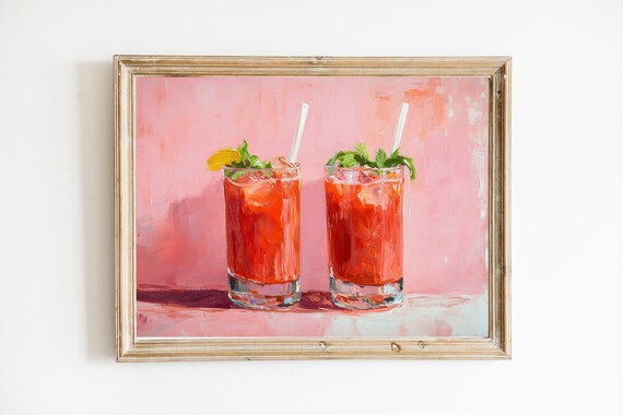 Bloody Mary Cocktail Glasses Pink Kitchen Bar Oil Painting Poster