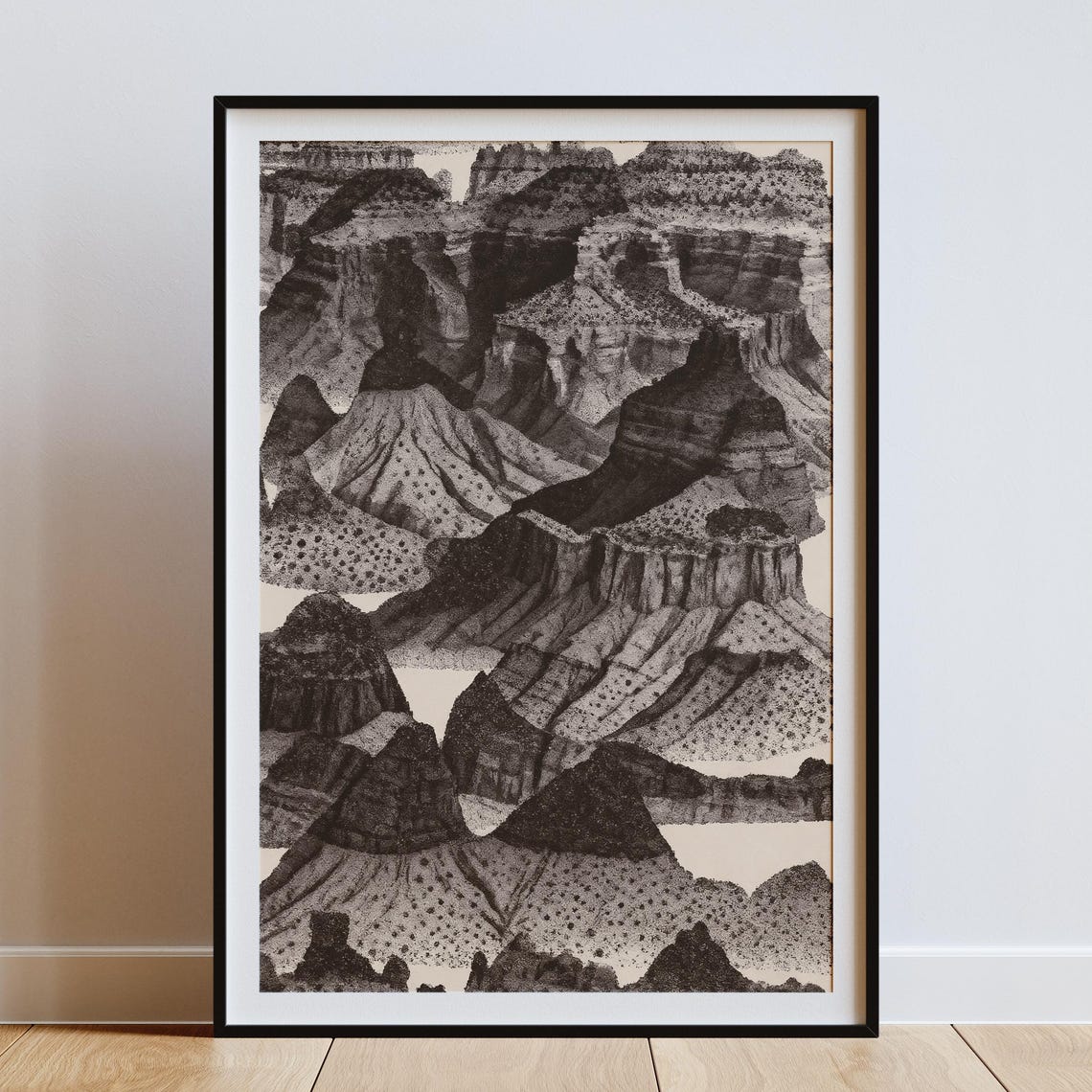 Monochrome Canyon Buttes Stipple Pen Ink Landscape Art Poster