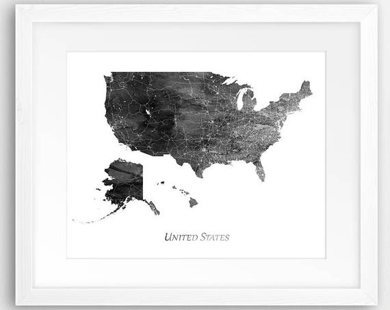 United States Map Print Usa Decor Wall Art Watercolor Grey Black And White Home Travel Poster
