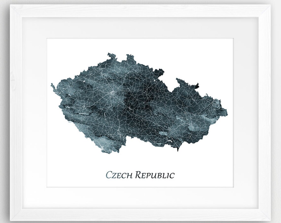 Czech Republic Watercolor Country Map Poster Indigo Blue Home Decor