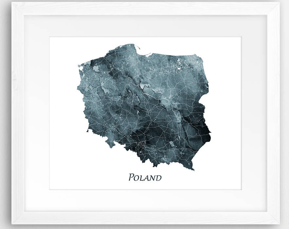 Poland Map Print Poster, Watercolor Indigo Blue