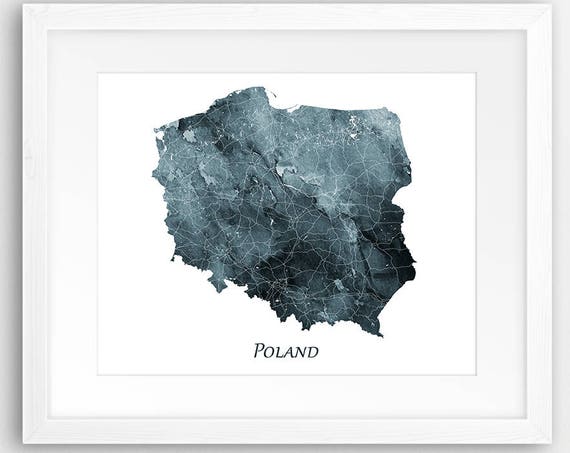 Poland Map Print Poster, Watercolor Indigo Blue