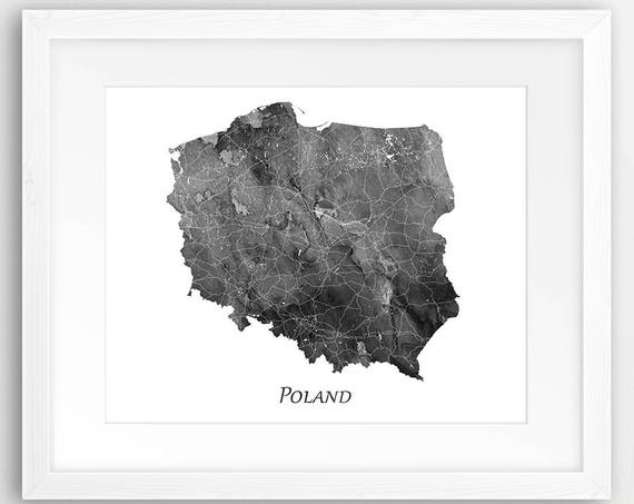 Poland Map Print Poster Wall Art Watercolor Black White Home Decor Travel