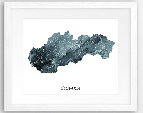 Slovakia Map Print Poster Watercolor Wall Art Indigo Blue Home Decor Travel