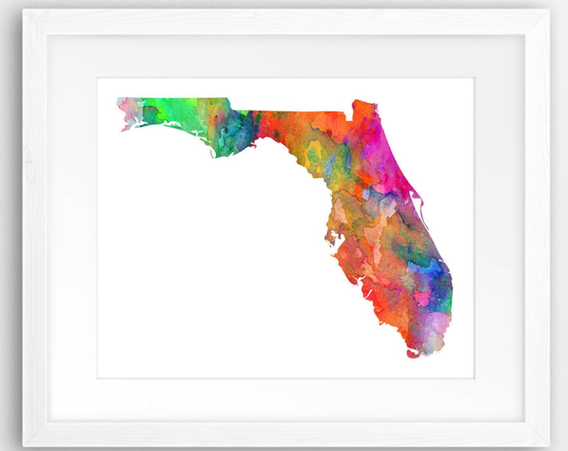Florida State Map Print, Silhouette Watercolor