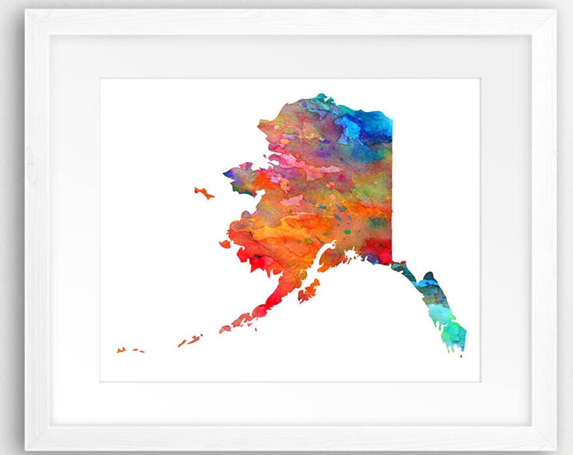 Alaska State Rainbow Watercolor Map Silhouette Modern Art Print