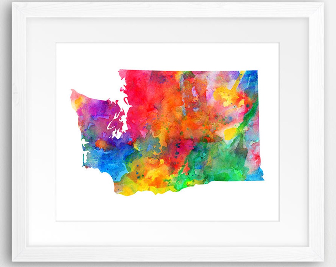 Washington State Map Rainbow Watercolor Modern Silhouette Art Poster