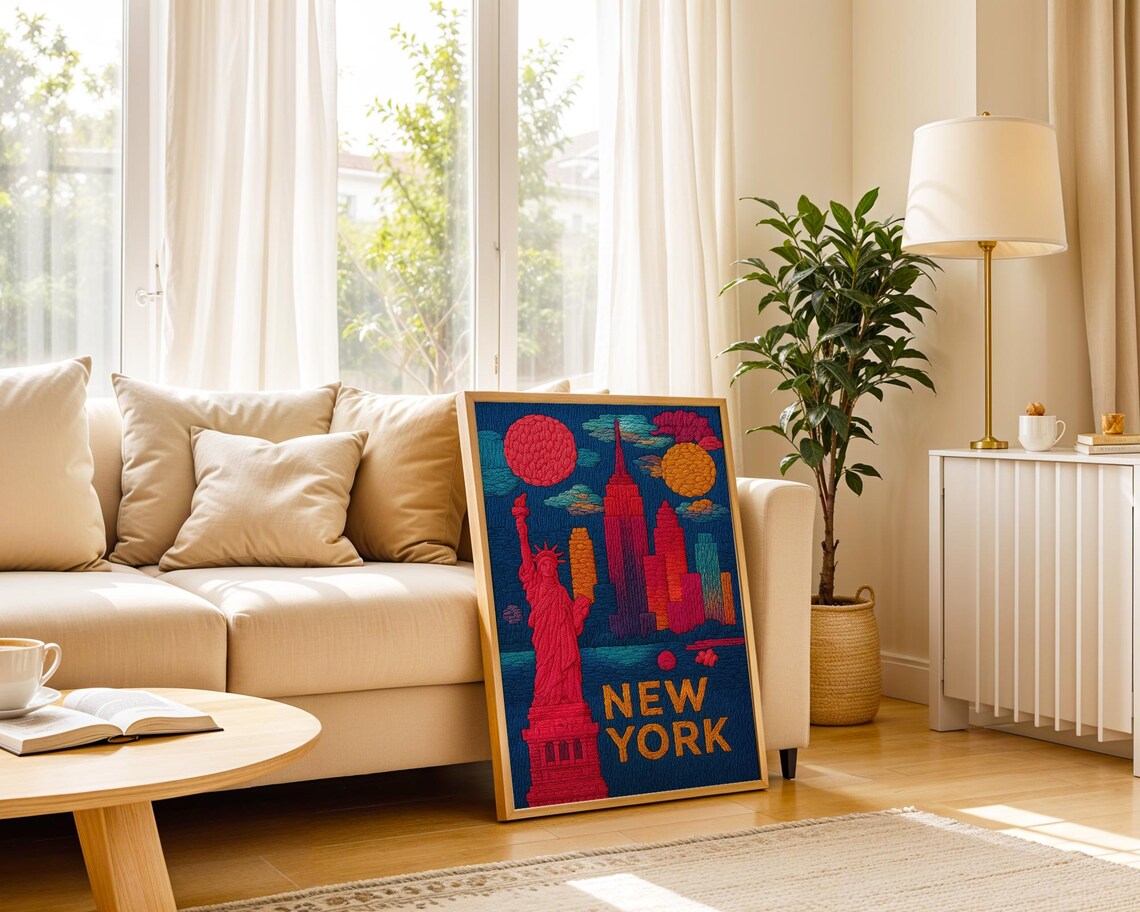 New York City Embroidered Statue Of Liberty Skyline Art Poster - Image 8