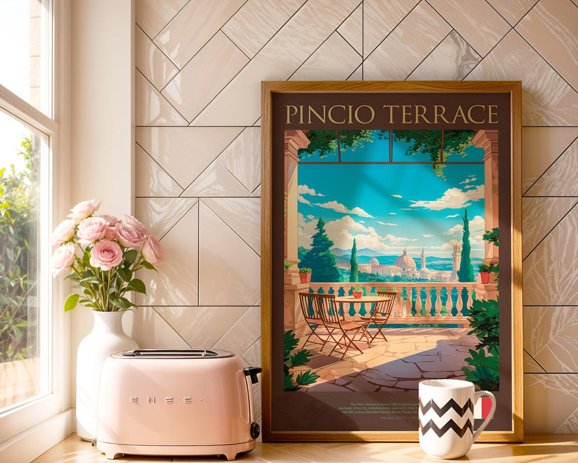 Pincio Terrace Rome Italy Villa Borghese View Vintage Travel Poster - Image 3