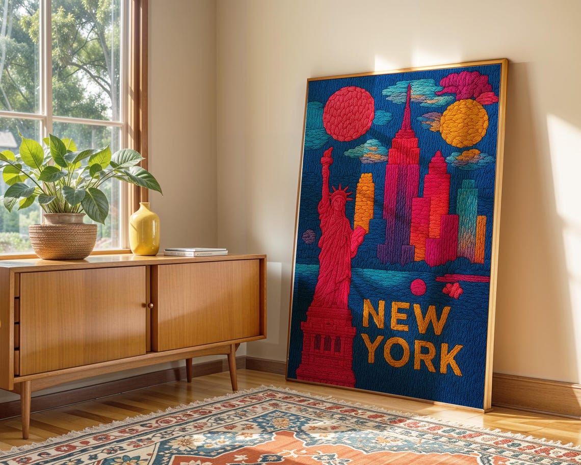 New York City Embroidered Statue Of Liberty Skyline Art Poster - Image 7