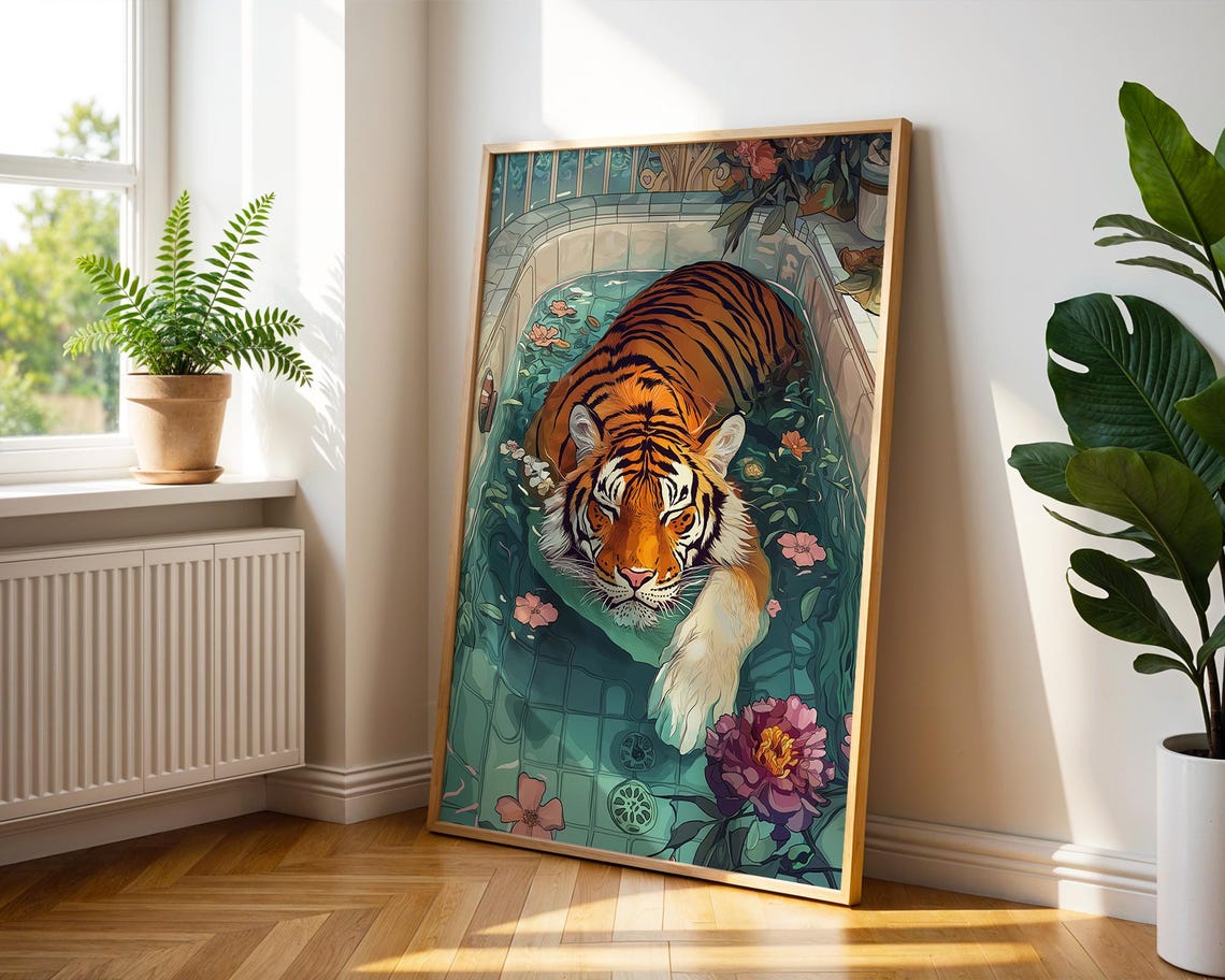 Luxury Tiger Bath Art Exotic Bathroom Decor Maximalist Wall Wild Animal Print Colorful Jungle Poster Trendy - Image 4