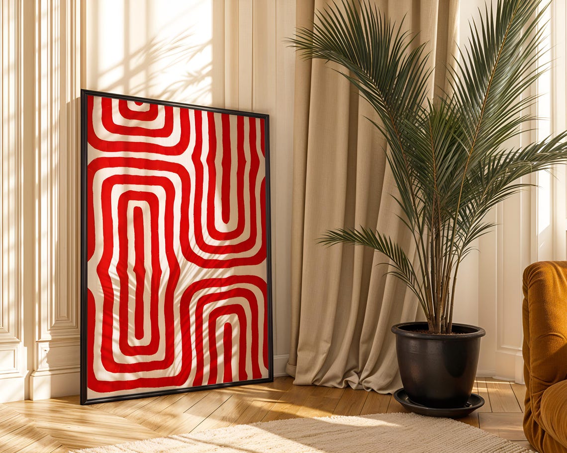 Red Geometric Wavy Line Abstract Bold Modern Pattern Art Poster - Image 3