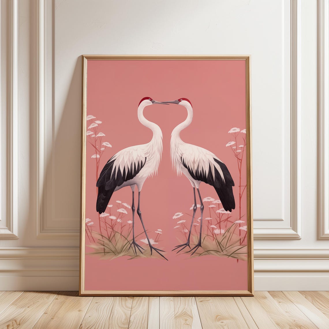 Two Red Crowned Cranes Pink Blossom Japanese Style Art Poster