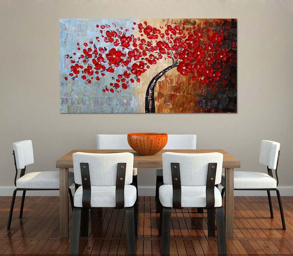 Windswept Red Blossom Tree on Beige Palette Knife Abstract Poster - Image 4