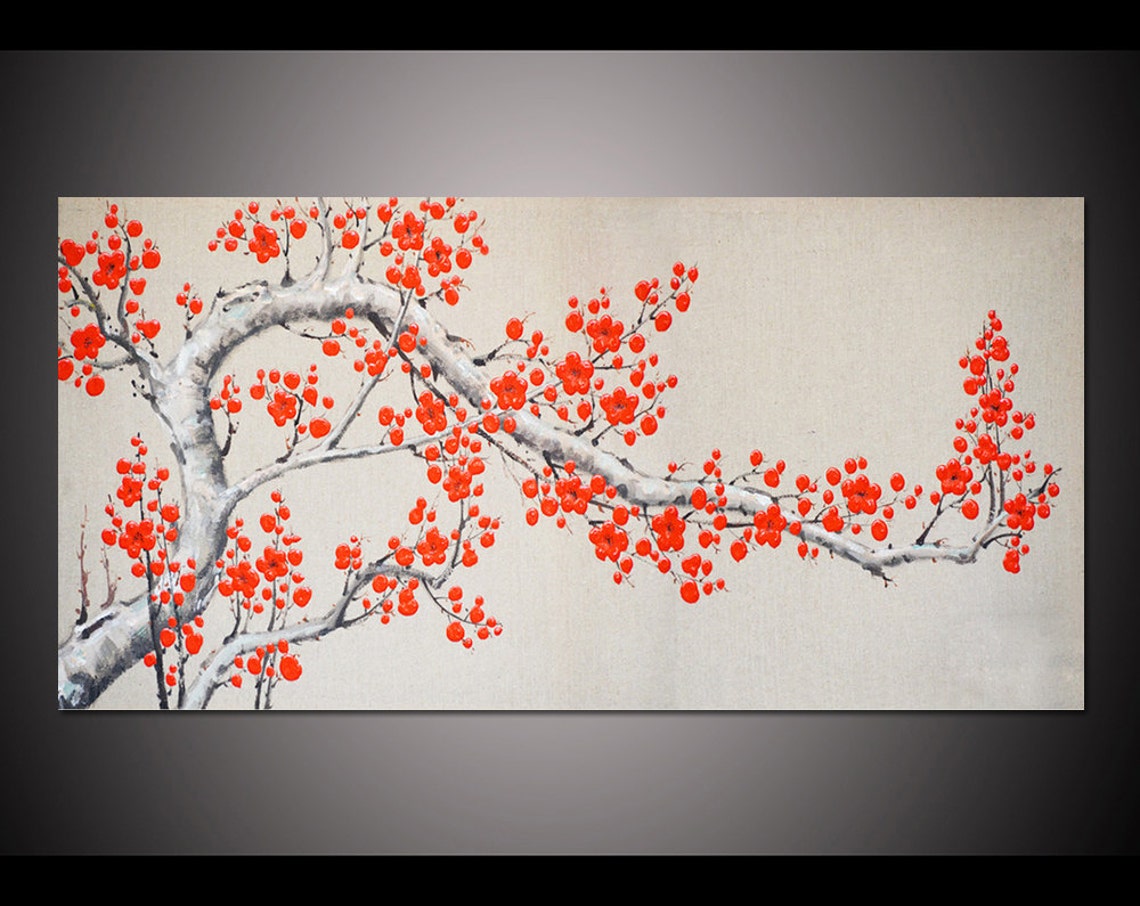 Red Plum Blossom Branch On Cream Background Asian Style Poster