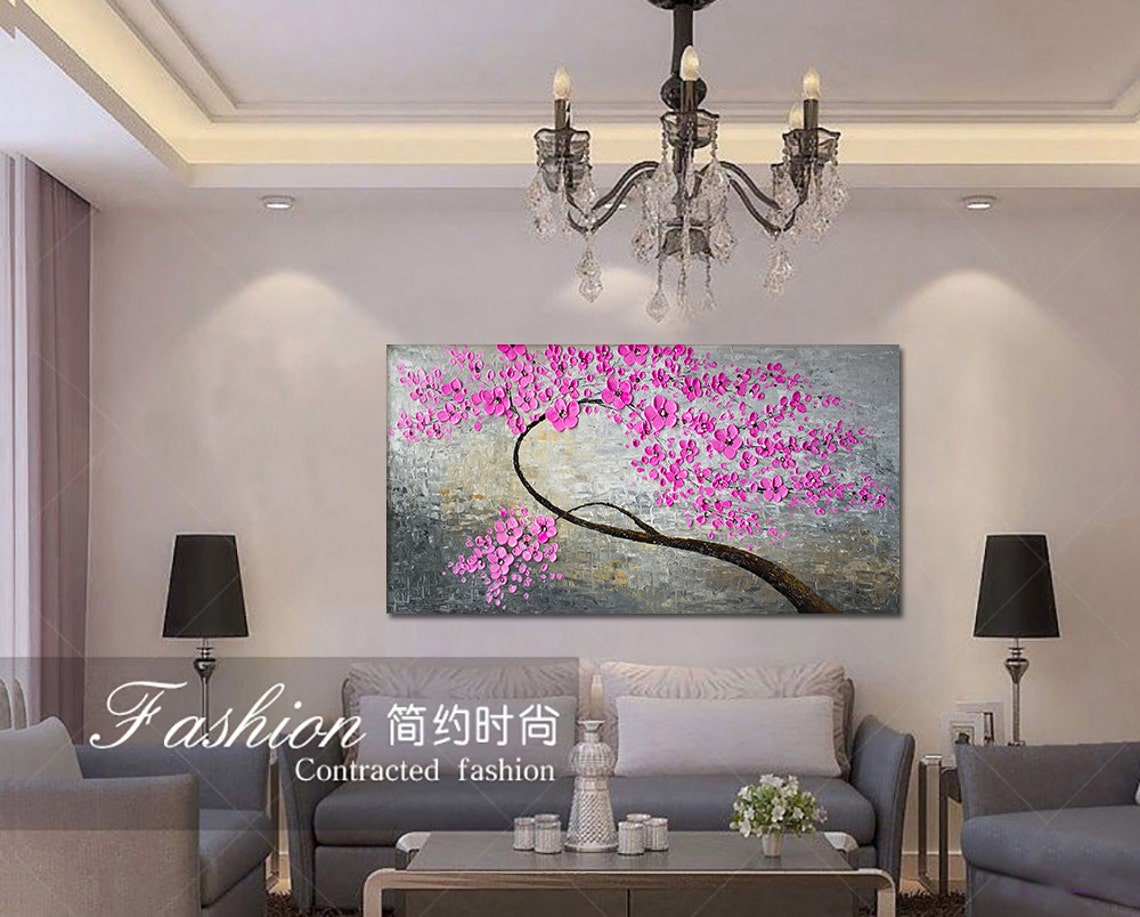 Pink Blossom Branch Sculpted Impasto Painting on Grey Textured Poster - Image 4