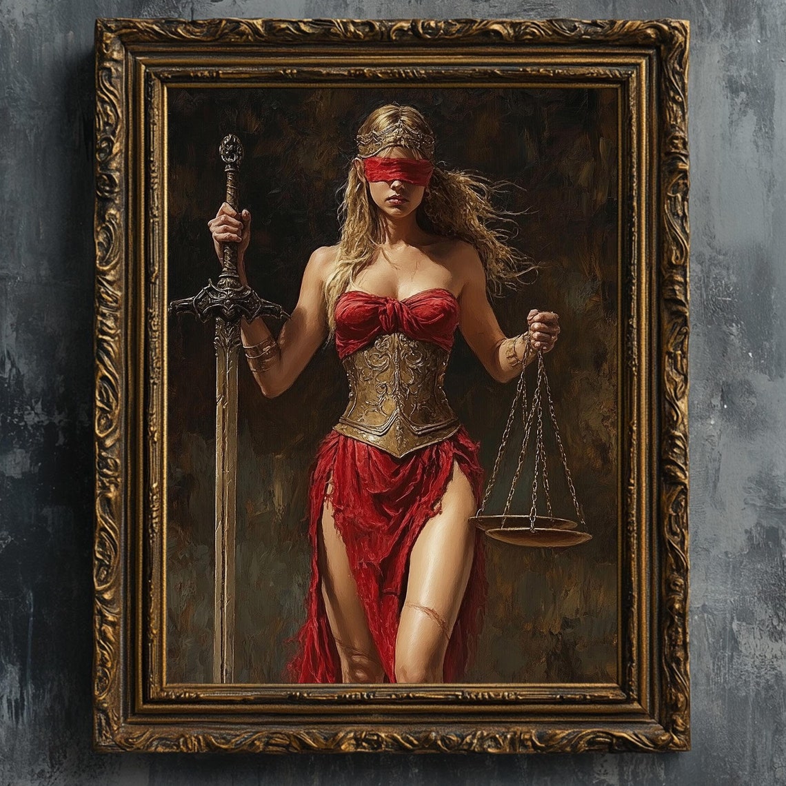 Justitia Justice Goddess In Red With Sword And Scales Art Print