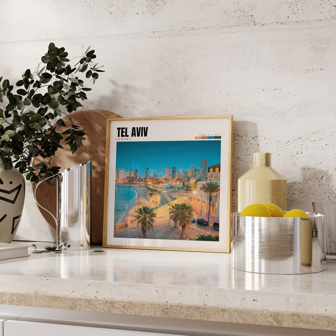Tel Aviv Israel Beach Promenade Palms City Skyline Dusk Poster - Image 4