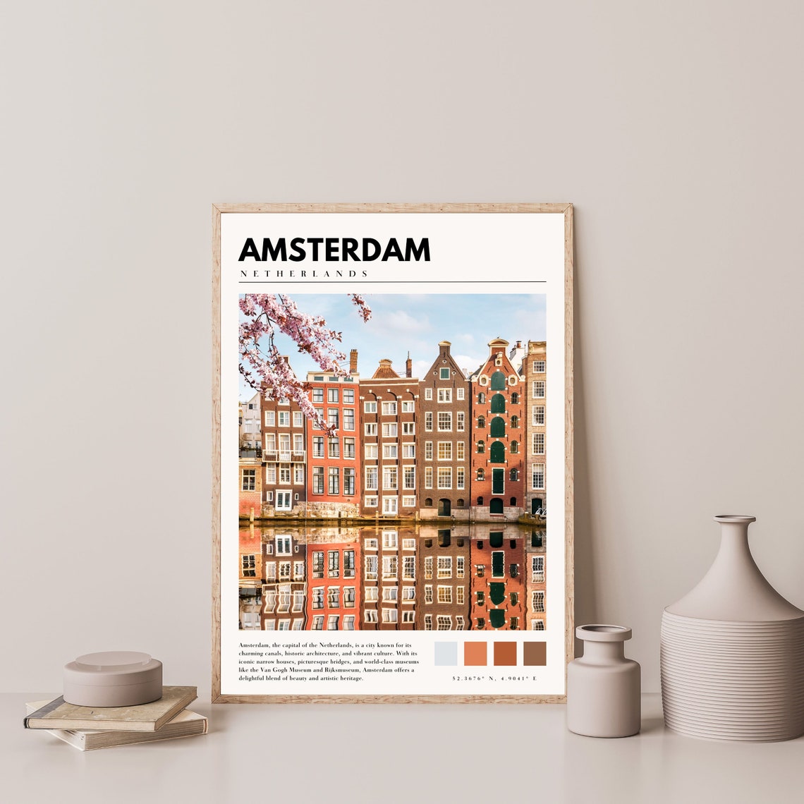 Amsterdam Canal Houses with Spring Blossom Reflection Poster - Image 4