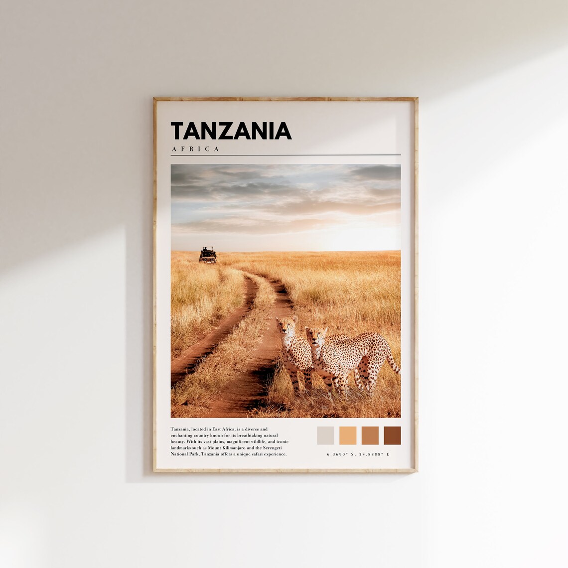 Tanzania Africa Cheetahs Savanna Sunset Safari Jeep Wildlife Poster