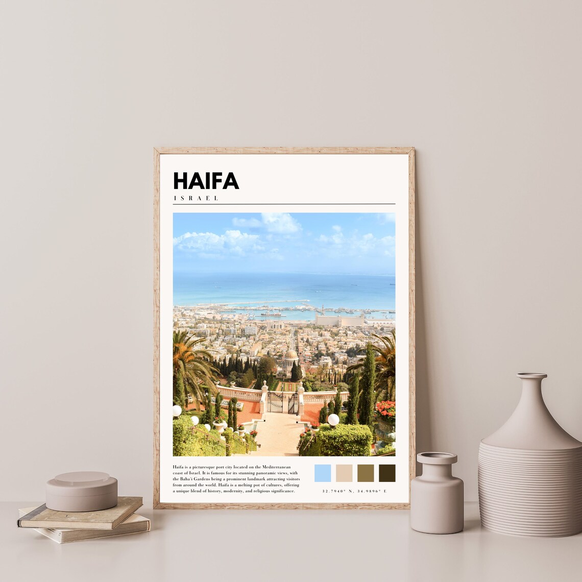 Haifa Israel Bahai Gardens Mediterranean Bay City View Travel Poster - Image 4