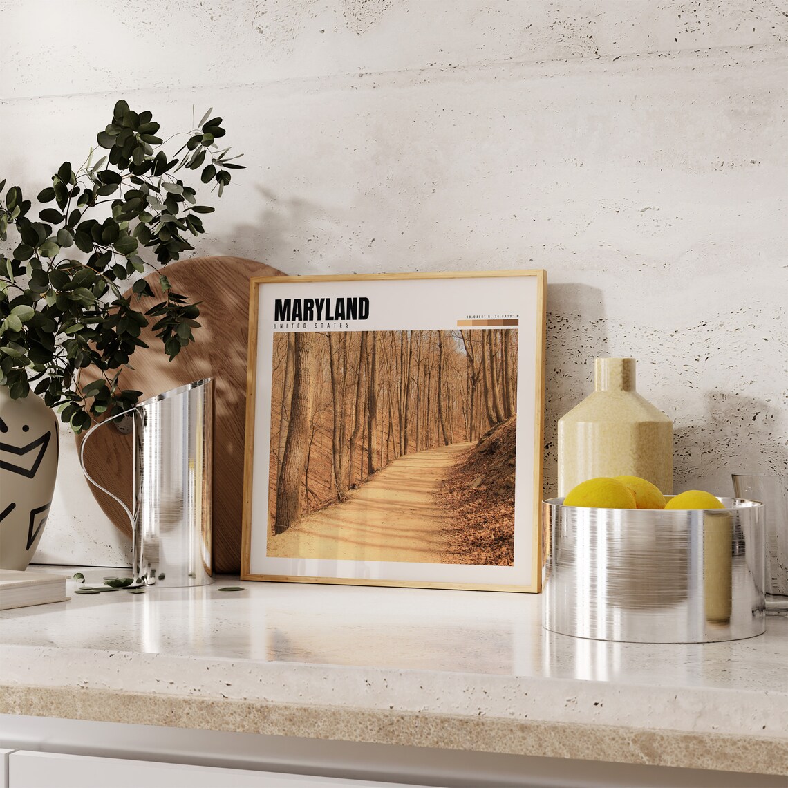 Maryland Poster with Sunlit Forest Trail in Autumn Woodland Path - Image 4