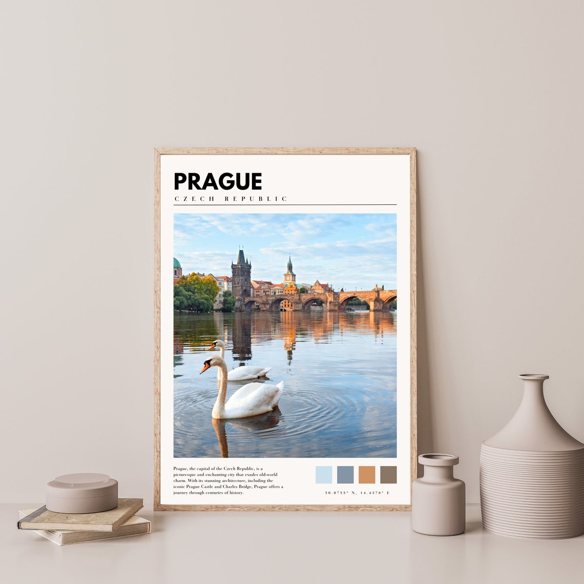 Prague Charles Bridge with Two Swans on the Vltava River Poster - Image 4