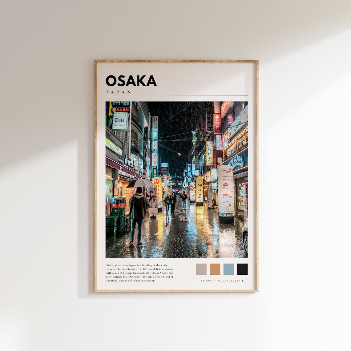 Osaka Japan Neon Street Rainy Night City Lights Glow Travel Poster