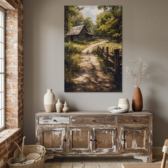 Rustic Barn And Country Path Framed Canvas Print Peaceful Tree Art Countryside Painting Lodge Decor Ready To Hang Gift For Him