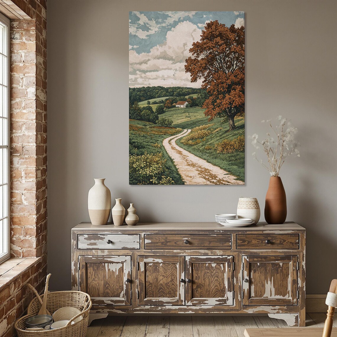 Autumn Country Road Winding Toward a Farmhouse Landscape Poster