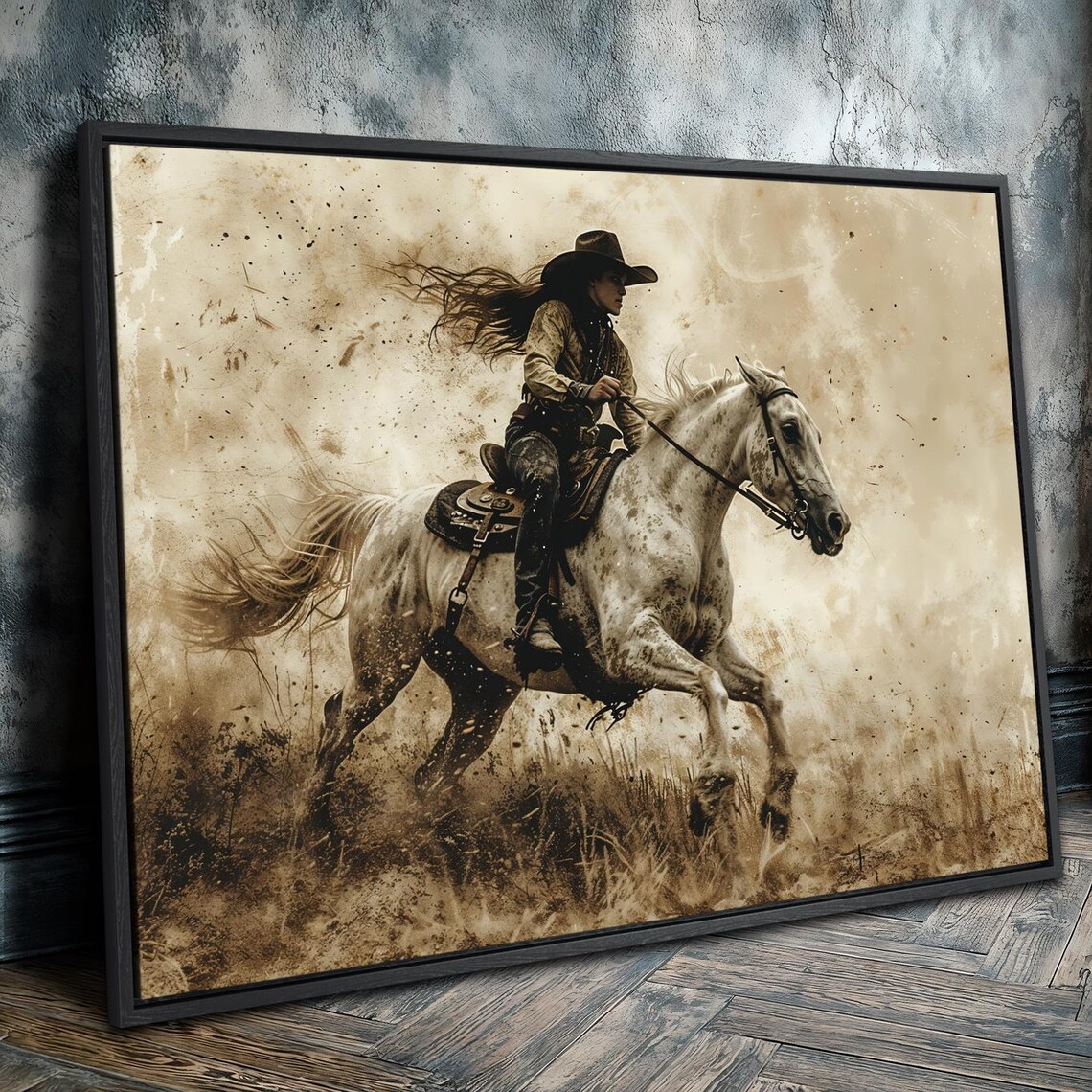 Cowgirl on Galloping Horse Western Equestrian Art Print - Image 4