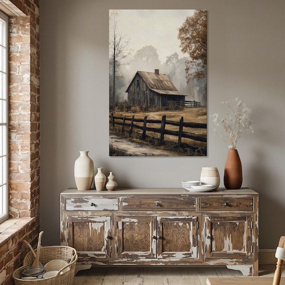 Misty Autumn Barn Countryside Landscape Poster Rustic Farmhouse Wall Decor