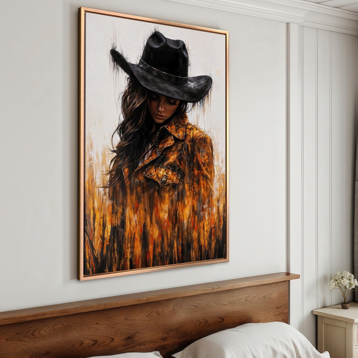 Rustic Cowgirl in Black Hat Leather Jacket Western Art Poster - Image 4