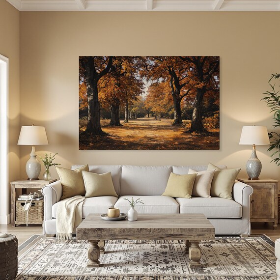 Autumn Forest Path Golden Orange Trees Horizontal Canvas Decor Poster