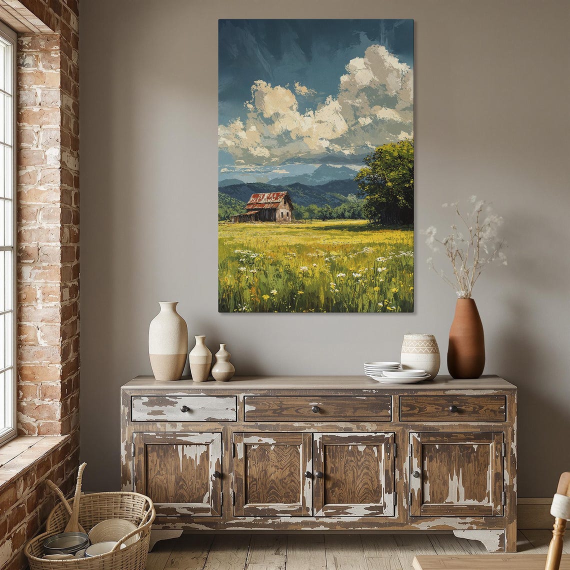 Rustic Red Barn in Blooming Meadow Mountain Landscape Poster - Image 5