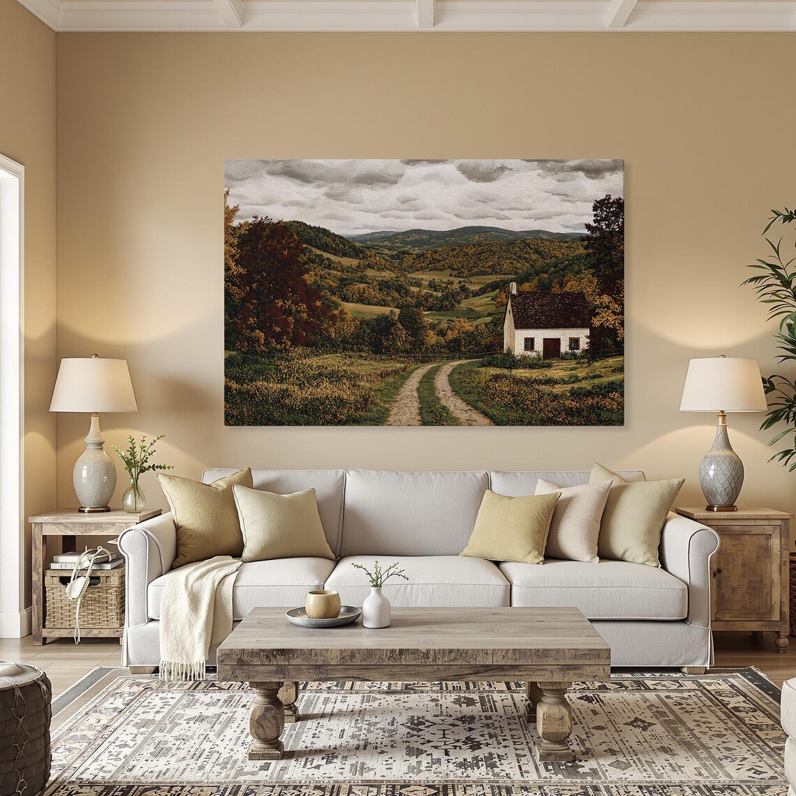 Rustic Cottage In Autumn Hills Country Fall Landscape Painting Poster