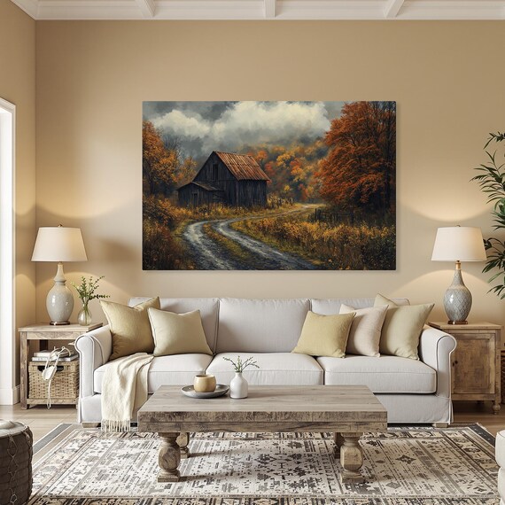 Old Rustic Autumn Barn Painting Country Road Fall Foliage Wall Art