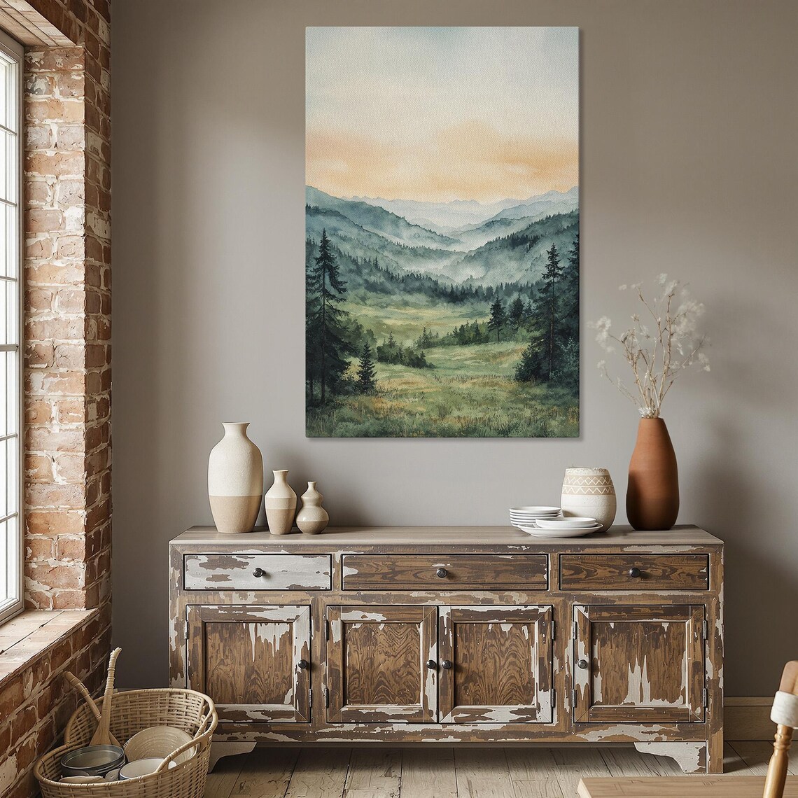 Misty Green Mountain Valley Sunrise Watercolor Nature Landscape Poster