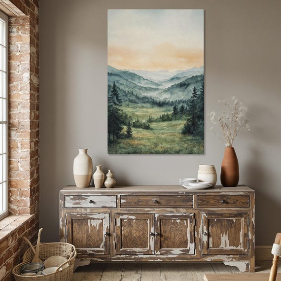 Tranquil Mountain Landscape Framed Canvas Print Rustic Wall Art Country Scenery Watercolor Forest Nature Decor Ready To Hang Gift