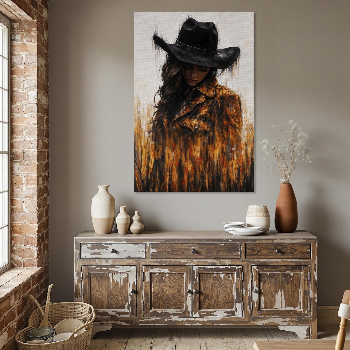 Rustic Cowgirl in Black Hat Leather Jacket Western Art Poster - Image 5